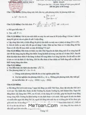Đề Thi Thử Lớp 10 Môn Toán 2026 – 2027 Trường THPT Điềm Thụy – Thái Nguyên