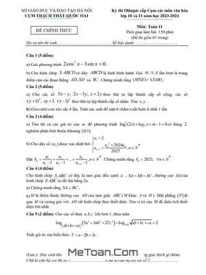 Đề Olimpic Toán 11 Năm 2023 - 2024 Cụm Thạch Thất & Quốc Oai - Hà Nội