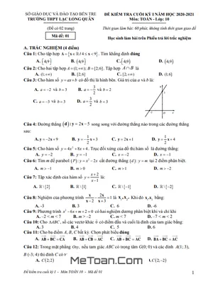 Đề thi HK1 Toán 10 năm 2020 - 2021 trường THPT Lạc Long Quân - Bến Tre [Có đáp án]