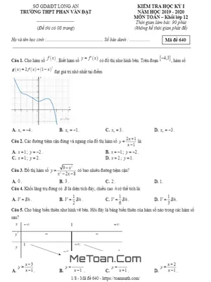 Đề thi HK1 Toán 12 năm 2019 - 2020 trường THPT Phan Văn Đạt - Long An
