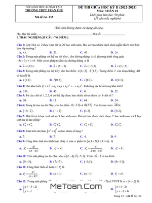 Đề Thi Giữa Kỳ 2 Môn Toán Lớp 10 Năm 2022-2023 Trường THPT Trần Phú - Phú Yên