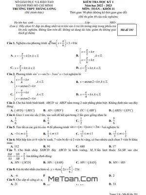 Đề thi học kỳ 1 Toán 11 năm 2022 - 2023 trường THPT Thăng Long - TP HCM