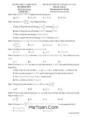 Đề thi giữa học kỳ 1 môn Toán lớp 12 năm 2017-2018 trường THPT C Nghĩa Hưng - Nam Định (có đáp án)