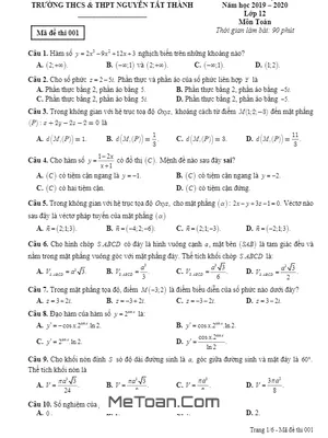 Đề thi học kì 2 Toán 12 năm 2019 - 2020 trường Nguyễn Tất Thành - Hà Nội