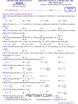 Đề Thi Cuối Kỳ 2 Toán 11 Năm 2023 - 2024 Trường THPT Trần Cao Vân - Gia Lai