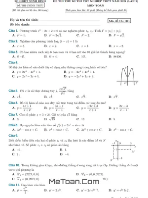 Đề thi thử tốt nghiệp THPT 2021 môn Toán sở GD&ĐT Ninh Bình (lần 2)