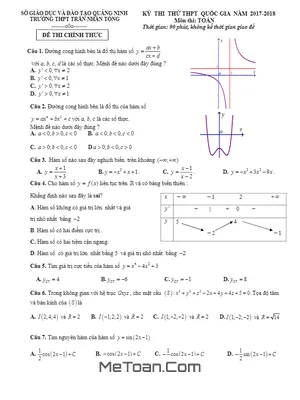 Đề Thi Thử Toán 2018 THPT Quốc Gia Trường Trần Nhân Tông - Quảng Ninh