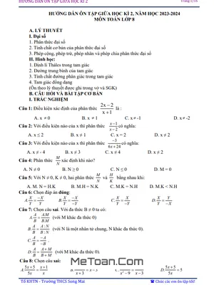 Đề Cương Ôn Tập Giữa Kì 2 Toán 8 Năm 2023 - 2024 Trường THCS Song Mai - Bắc Giang