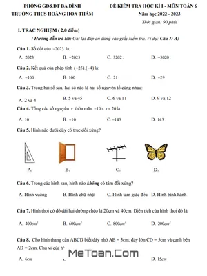 Đề thi học kì 1 Toán 6 năm 2022 - 2023 trường THCS Hoàng Hoa Thám - Hà Nội