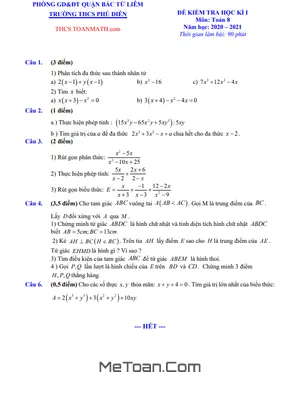Đề thi học kì 1 Toán 8 năm 2020 - 2021 trường THCS Phú Diễn - Hà Nội