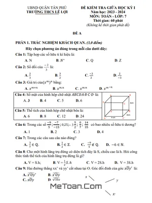 Đề thi giữa kỳ 1 Toán 7 năm 2023 - 2024 trường THCS Lê Lợi - TP HCM