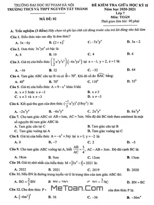 Đề thi giữa HK2 môn Toán lớp 7 năm 2020 - 2021 trường Nguyễn Tất Thành - Hà Nội