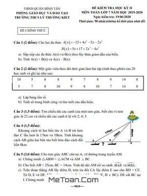 Đề thi HK2 Toán lớp 7 năm 2019 - 2020 trường THCS Lý Thường Kiệt - TP.HCM (Có đáp án)