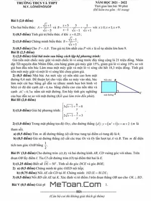 Đề khảo sát Toán 9 tháng 1 năm 2022 trường M.V. Lômônôxốp – Hà Nội