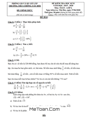 Đề thi HK2 Toán lớp 6 năm 2019 - 2020 trường THCS Thông Tây Hội - TPHCM