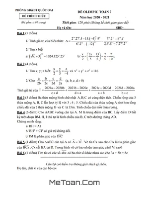Đề thi Olympic Toán 7 năm 2020 - 2021 phòng GD&ĐT Quốc Oai - Hà Nội