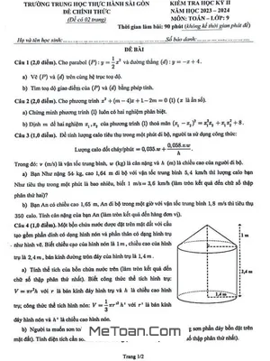 Đề học kỳ 2 Toán 9 năm 2023 – 2024 trường Thực hành Sài Gòn – TP HCM