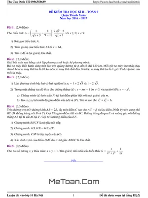 Trọn Bộ Đề Thi HK2 Toán 9 Năm 2016-2017 Các Quận Tại Hà Nội