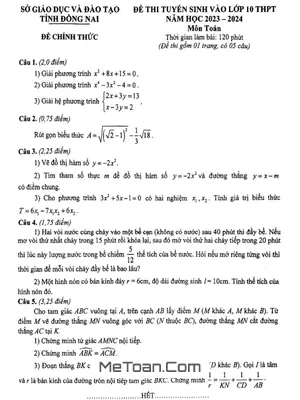 Đề thi tuyển sinh lớp 10 môn Toán năm 2023 - 2024 Sở GD&ĐT Đồng Nai