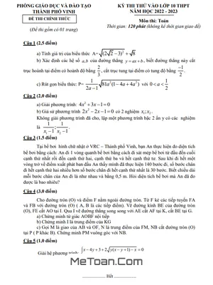 Đề thi thử Toán vào lớp 10 năm 2022 – 2023 phòng GD&ĐT thành phố Vinh – Nghệ An