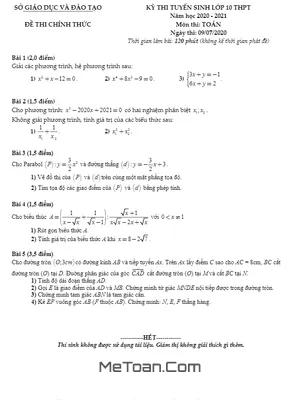 Đề Tuyển Sinh Lớp 10 THPT Môn Toán Năm 2020 - 2021 Sở GD&ĐT Bình Dương