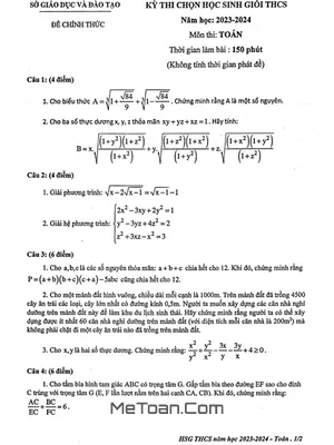 Đề thi học sinh giỏi Toán THCS năm 2023 - 2024 sở GD&ĐT Bình Dương