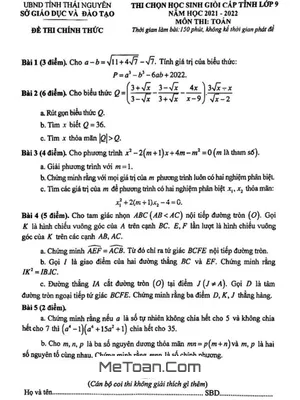 Đề thi học sinh giỏi cấp tỉnh Toán 9 năm 2021 - 2022 sở GD&ĐT Thái Nguyên