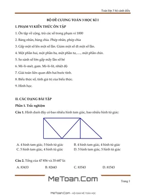 Đề Cương Ôn Tập Cuối Học Kì 1 Môn Toán Lớp 3 (Cánh Diều) - 90 Bài