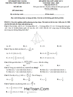 Đề giữa học kỳ 1 Toán 11 năm 2024 - 2025 trường THPT Hiệp Hòa 2 - Bắc Giang