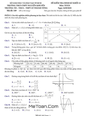 Đề Kiểm Tra Định Kỳ Toán 12 (Tháng 9/2025) – Trường Nguyễn Khuyến & Lê Thánh Tông, TP. Hồ Chí Minh