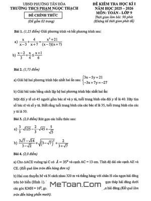 Đề thi học kì 1 Toán 9 năm 2025 – 2026 trường THCS Phạm Ngọc Thạch – TP.HCM