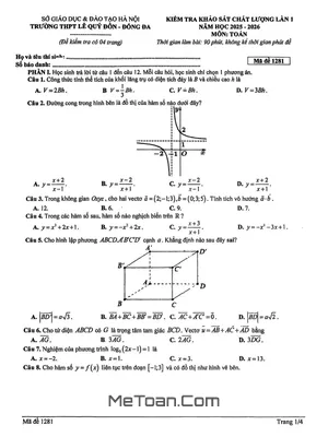 Đề Khảo Sát Toán 12 Lần 1 Năm 2025 - 2026 Trường THPT Lê Quý Đôn - Hà Nội