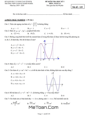 Đề thi học kỳ 1 Toán 12 năm 2019 - 2020 trường THPT Nam Kỳ Khởi Nghĩa có đáp án