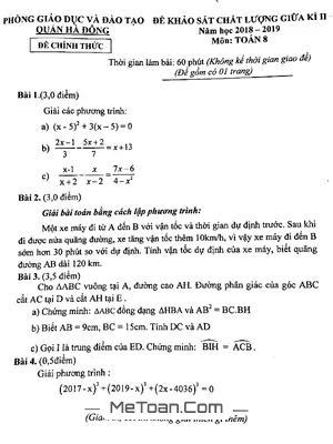 Đề KSCL giữa kì 2 Toán 8 năm 2018 - 2019 phòng GD&ĐT Hà Đông - Hà Nội