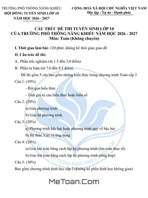 Đề Minh Họa Tuyển Sinh Lớp 10 Môn Toán Trường PTNK TPHCM 2026-2027: Cấu Trúc Chi Tiết
