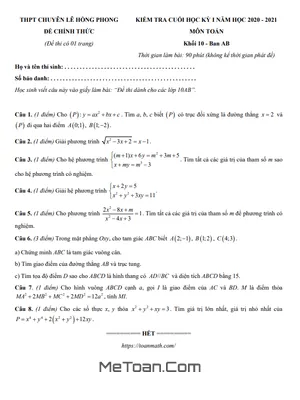 Đề thi học kỳ 1 Toán 10 năm 2020 - 2021 trường chuyên Lê Hồng Phong - TP HCM