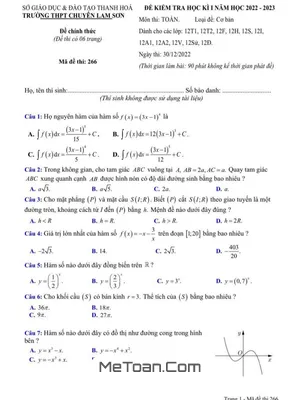 Đề thi học kì 1 Toán 12 năm 2022 - 2023 trường Chuyên Lam Sơn - Thanh Hóa
