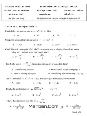 Đề thi học kì 1 Toán 12 năm 2019 - 2020 trường THPT Lý Thái Tổ - TP.HCM
