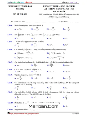 Đề khảo sát chất lượng Toán 12 năm 2020 - 2021 Sở GD&ĐT Phú Thọ
