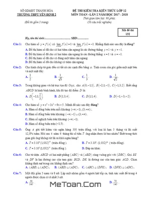 Đề Kiểm Tra Kiến Thức Toán 12 Lần 2 Năm 2017 - 2018 Trường Yên Định 2 - Thanh Hóa