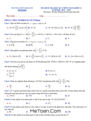 Đề kiểm tra học kỳ 1 Toán 11 năm 2021 - 2022 trường THPT Kim Liên - Hà Nội