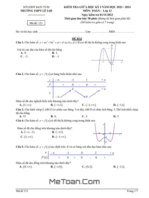 Đề thi giữa học kỳ 1 Toán 12 năm 2023 - 2024 trường THPT Lê Lợi - Kon Tum