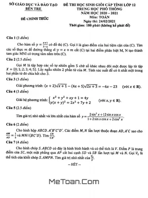 Đề thi học sinh giỏi cấp tỉnh Toán 12 năm 2020 - 2021 sở GD&ĐT Bến Tre