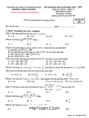 Đề thi HK2 Toán 11 năm 2017 - 2018 trường THPT chuyên ĐHSP Hà Nội mã đề 582