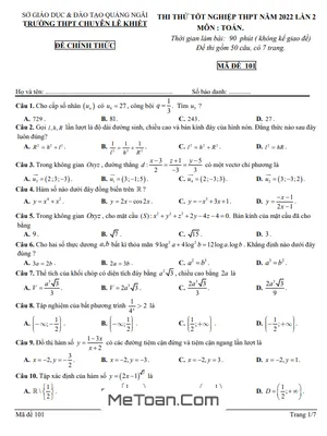Đề thi thử Toán TN THPT 2022 lần 2 trường chuyên Lê Khiết – Quảng Ngãi