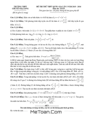 Đề thi thử Toán THPT Quốc gia 2016 trường Chuyên Hạ Long - Lần 3 (có đáp án)