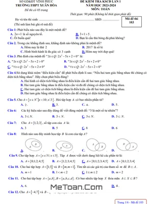 Đề kiểm tra KSCĐ lần 1 Toán 10 năm 2023 – 2024 trường THPT Xuân Hòa – Vĩnh Phúc