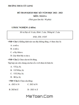 Đề Tham Khảo Cuối Kỳ 1 Toán 6 Năm 2022 - 2023 Trường THCS Cửu Long - TP HCM