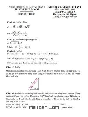 Đề Tham Khảo Học Kì 1 Toán 9 Năm 2022 - 2023 Trường THCS Bàn Cờ - TP HCM