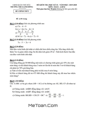 Đề thi học kì 2 Toán lớp 8 năm 2019 - 2020 trường THCS Linh Đông - TP HCM